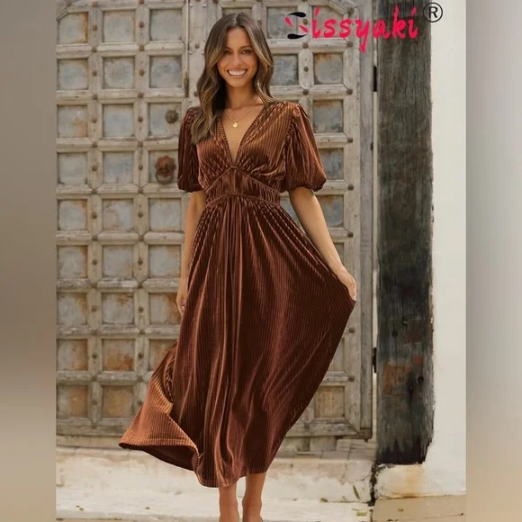 Nwot Velvet Maxi Dress. Puff Sleeves. Caramel | Color: Brown/Tan | Size: M | Jenaeliz's Closet